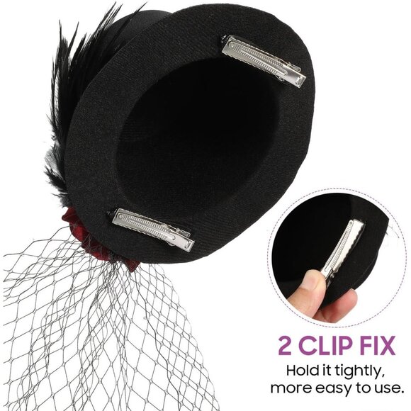 Mini Black Victorian Top Hat Satin Red Rose Veil Women Accessories - Picture 5 of 9
